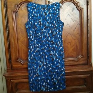 Ann Taylor Silk Sleeveless Blue, Black, and White Ikat Print Dress, Sz 6 Petite